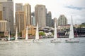 Sailboats performing ballet movement show in events on Australia day at Sydney Harbour.